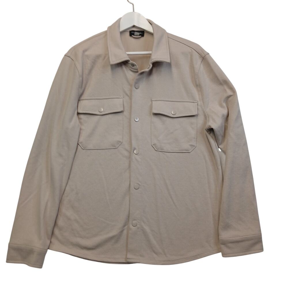 Tahari Mens Medium Beige Snap Front Shirt Jacket Shacket Knit Stretch